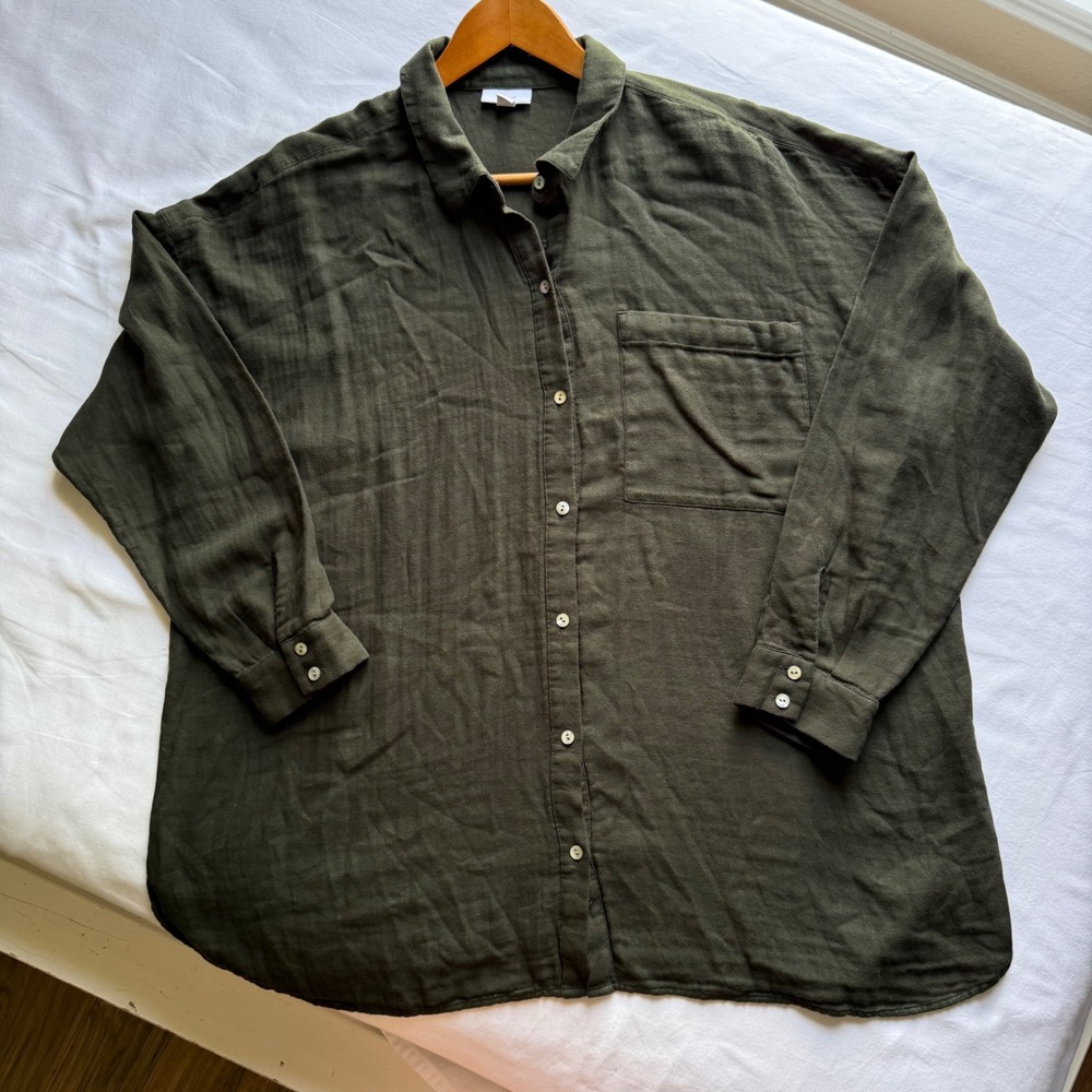Pure Jill J. Jill Olive Green Cotton Gauze Herringbone Button Down Shirt Large